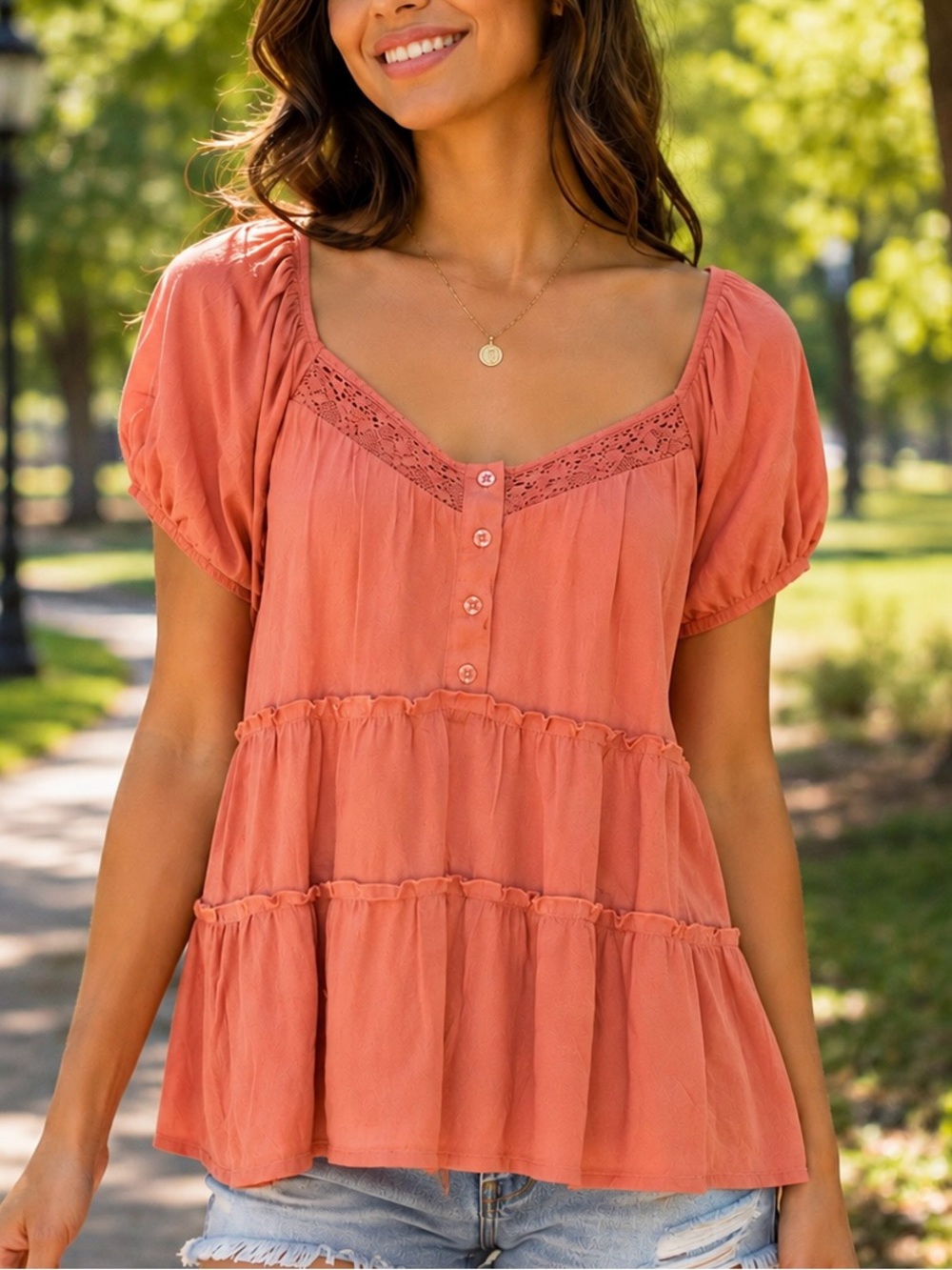 No Boundaries XXXL 21 Coral Lace Trim Tiered Boho Peasant Blouse Top